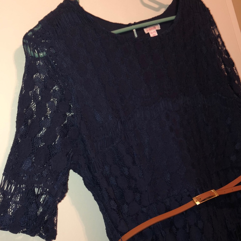 Navy belted cut out back lace dress